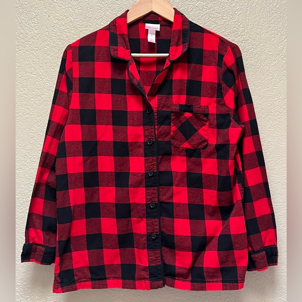 Wondershop Plaid Red & Black Button-Up Sleepwear Pajama Shirt Womens Size Medium